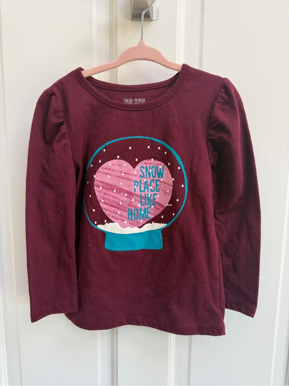 okie dokie 4T Girls Maroon Long-Sleeve Snow Globe Snow Place Like Home Shirt Top